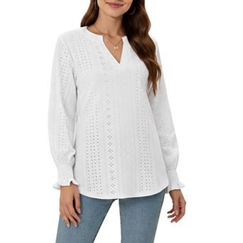 Women's Long Sleeve Eyelet Embroidered Top with V-Neckline and Ruffle Cuffs