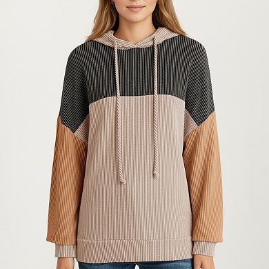 Women's Long Sleeve Color Block Knit Hoodie with Drawstring and Relaxed Fit