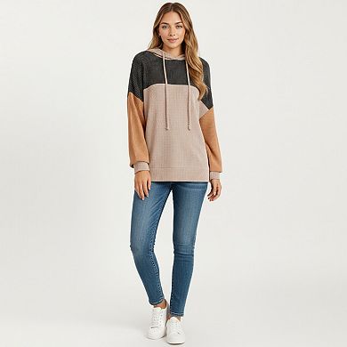 Women's Long Sleeve Color Block Knit Hoodie with Drawstring and Relaxed Fit