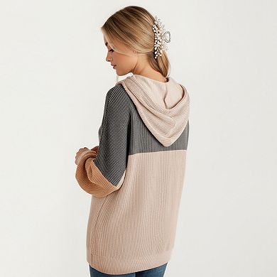 Women's Long Sleeve Color Block Knit Hoodie with Drawstring and Relaxed Fit