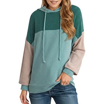 Women's Long Sleeve Color Block Knit Hoodie with Drawstring and Relaxed Fit