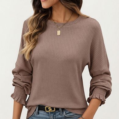 Women's Long Sleeve Ribbed Knit Top with Subtle Ruffle Cuff Detail
