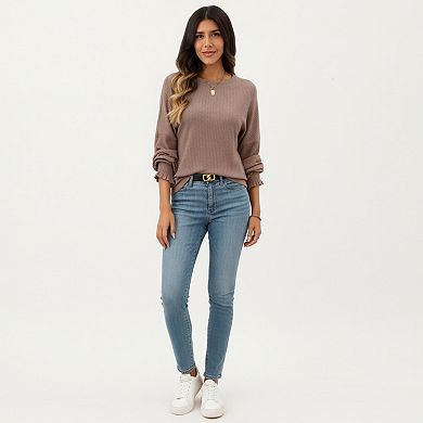 Women's Long Sleeve Ribbed Knit Top with Subtle Ruffle Cuff Detail