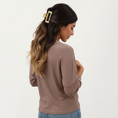 Women's Long Sleeve Ribbed Knit Top with Subtle Ruffle Cuff Detail