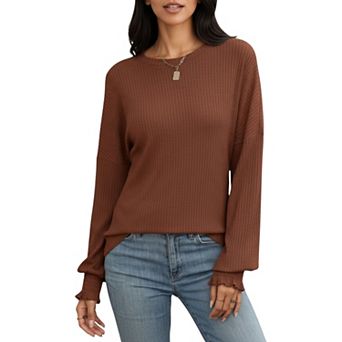 Women's Long Sleeve Ribbed Knit Top with Subtle Ruffle Cuff Detail