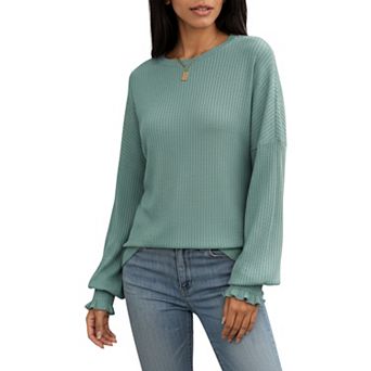 Women's Long Sleeve Ribbed Knit Top with Subtle Ruffle Cuff Detail