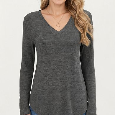 Women's Long Sleeve V-Neck Knit Top with Curved Hem and Relaxed Fit