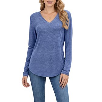 Women's Long Sleeve V-Neck Knit Top with Curved Hem and Relaxed Fit