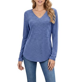 Women's Long Sleeve V-Neck Knit Top with Curved Hem and Relaxed Fit