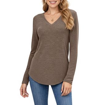 Women's Long Sleeve V-Neck Knit Top with Curved Hem and Relaxed Fit