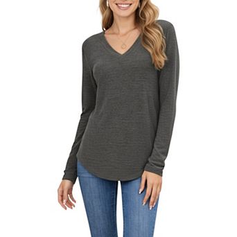Women's Long Sleeve V-Neck Knit Top with Curved Hem and Relaxed Fit