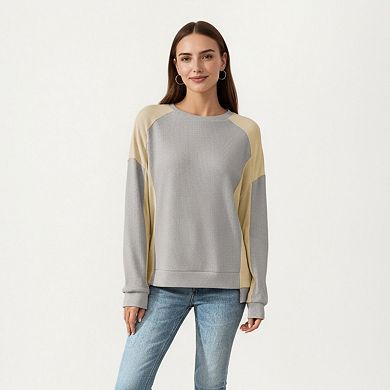 Women's Long Sleeve Colorblock Pullover Top with Crew Neck and Relaxed Fit