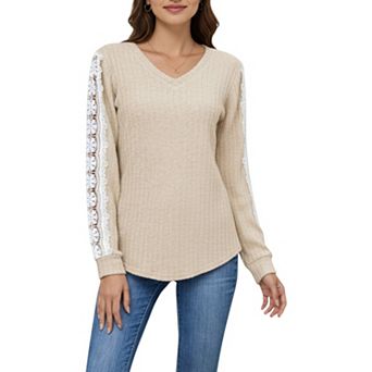 Women's Long Sleeve V-Neck Knit Top with Lace Trim Detailing on Sleeves