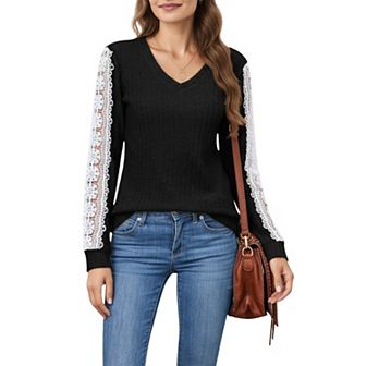 Women's Long Sleeve V-Neck Knit Top with Lace Trim Detailing on Sleeves