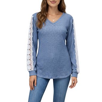 Women's Long Sleeve V-Neck Knit Top with Lace Trim Detailing on Sleeves