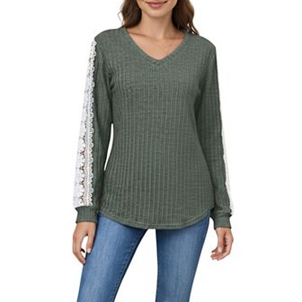 Women's Long Sleeve V-Neck Knit Top with Lace Trim Detailing on Sleeves
