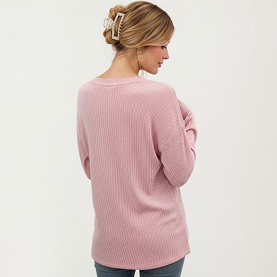 Women's V-Neck Long Sleeve Knit Top with Chest Pocket and Relaxed Fit