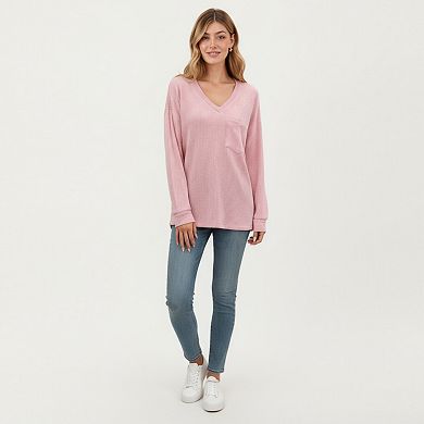 Women's V-Neck Long Sleeve Knit Top with Chest Pocket and Relaxed Fit