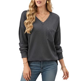 Women's V-Neck Long Sleeve Knit Top with Chest Pocket and Relaxed Fit