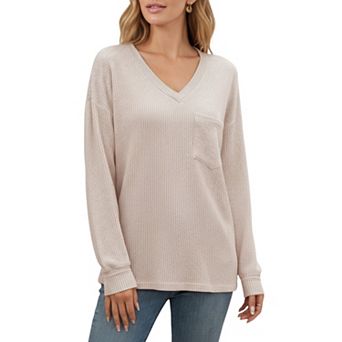 Women's V-Neck Long Sleeve Knit Top with Chest Pocket and Relaxed Fit