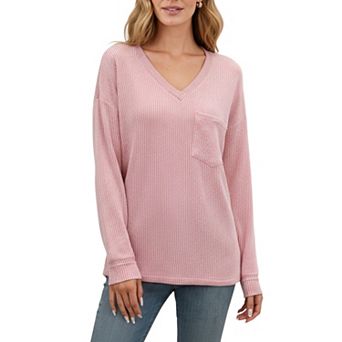 Women's V-Neck Long Sleeve Knit Top with Chest Pocket and Relaxed Fit
