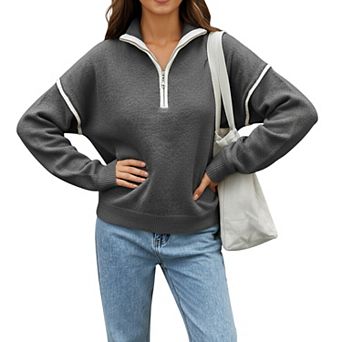 Women's Long Sleeve Pullover Knit Top with Quarter Zip Front Contrast Trim and Ribbed Hem