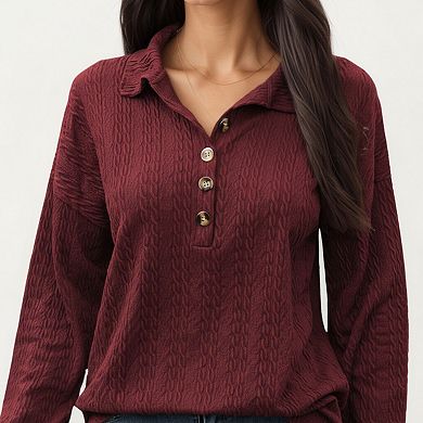 Women's Collared Long Sleeve Button-Up Top with Textured Knit Design