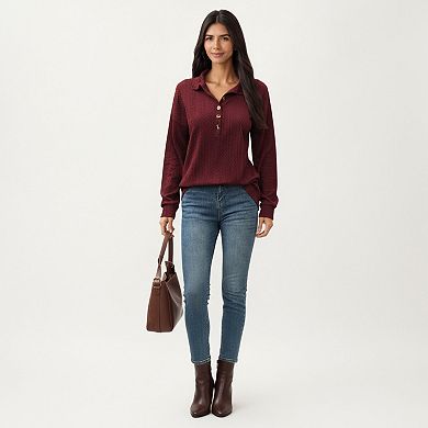 Women's Collared Long Sleeve Button-Up Top with Textured Knit Design