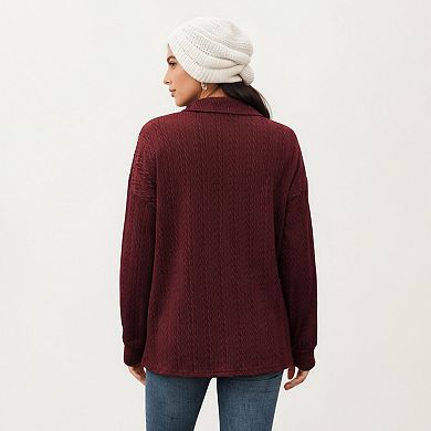 Women's Collared Long Sleeve Button-Up Top with Textured Knit Design
