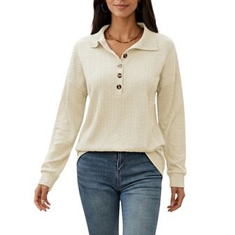 Women's Collared Long Sleeve Button-Up Top with Textured Knit Design