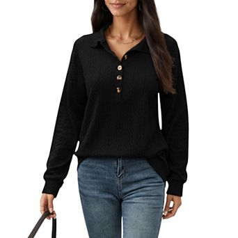 Women's Collared Long Sleeve Button-Up Top with Textured Knit Design