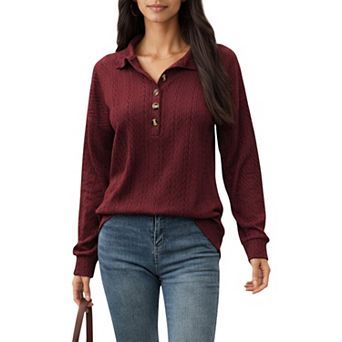 Women's Collared Long Sleeve Button-Up Top with Textured Knit Design
