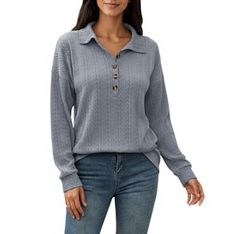 Women's Collared Long Sleeve Button-Up Top with Textured Knit Design