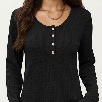 Women's Long Sleeve Button-Front Scoop Neck Top with Textured Knit Design