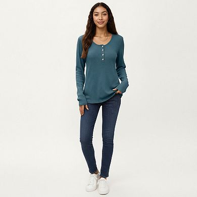 Women's Long Sleeve Button-Front Scoop Neck Top with Textured Knit Design