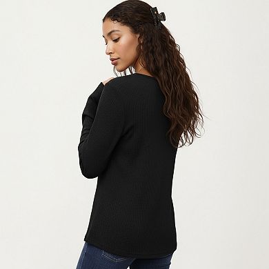 Women's Long Sleeve Button-Front Scoop Neck Top with Textured Knit Design
