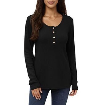 Women's Long Sleeve Button-Front Scoop Neck Top with Textured Knit Design
