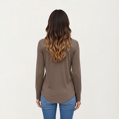 Women's Long Sleeve V-Neck Top with Subtle Front Pleat and Relaxed Fit