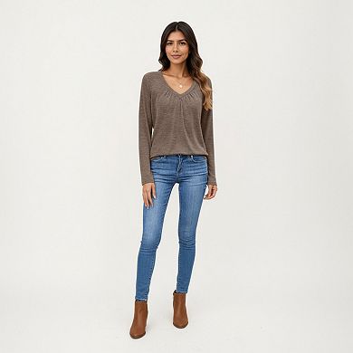 Women's Long Sleeve V-Neck Top with Subtle Front Pleat and Relaxed Fit