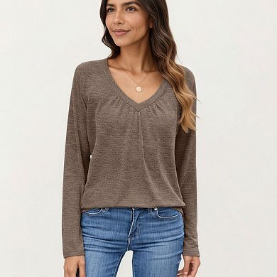Women's Long Sleeve V-Neck Top with Subtle Front Pleat and Relaxed Fit