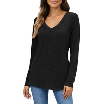 Women's Long Sleeve V-Neck Top with Subtle Front Pleat and Relaxed Fit
