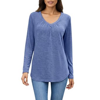 Women's Long Sleeve V-Neck Top with Subtle Front Pleat and Relaxed Fit