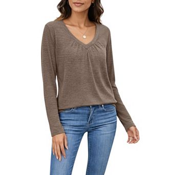Women's Long Sleeve V-Neck Top with Subtle Front Pleat and Relaxed Fit