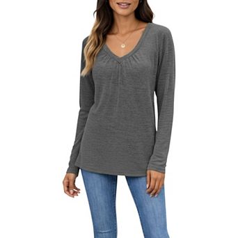 Women's Long Sleeve V-Neck Top with Subtle Front Pleat and Relaxed Fit
