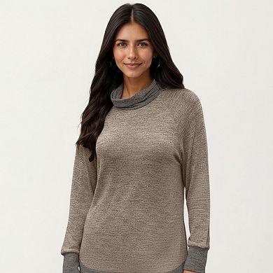 Women's Long Sleeve Cowl Neck Top with Contrast Cuffs and Hem