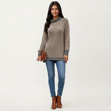 Women's Long Sleeve Cowl Neck Top with Contrast Cuffs and Hem