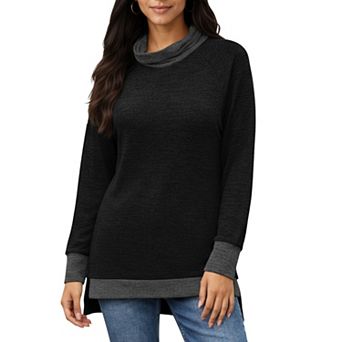 Women's Long Sleeve Cowl Neck Top with Contrast Cuffs and Hem