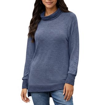 Women's Long Sleeve Cowl Neck Top with Contrast Cuffs and Hem