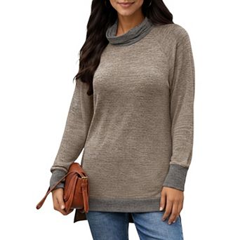 Women's Long Sleeve Cowl Neck Top with Contrast Cuffs and Hem