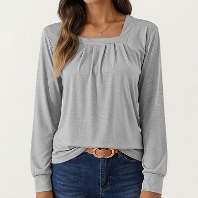 Women's Long Sleeve Square Neck Top with Front Pleat Detailing and Relaxed Fit